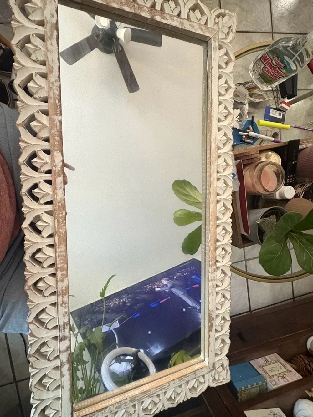 Hand-Carved Distressed White Wall Mirror - Elegant Home Accent